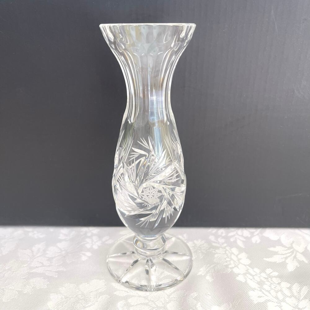 Vase Bud Vtg Cut Lead Crystal Footed Bohemian Czech Pedestal Trumpet Flare